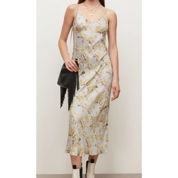 All Saints Dresses & Skirts - All Saints Women's Bryony Momo Midi Satin Yellow Floral Slip Dress 8 NWT